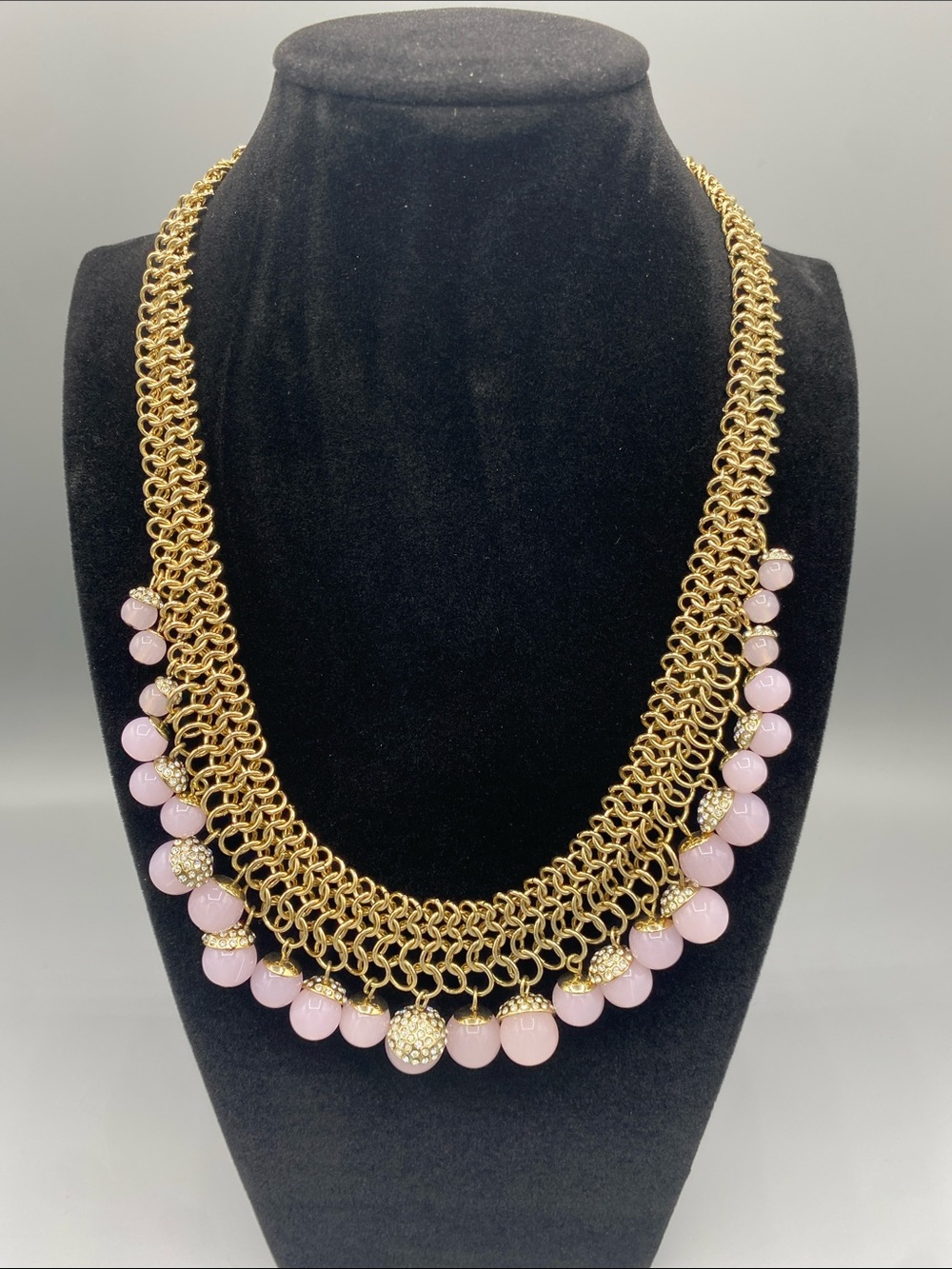 NWT Ann Taylor Gold Chain Necklace with Pink Beads and Crystal Accents